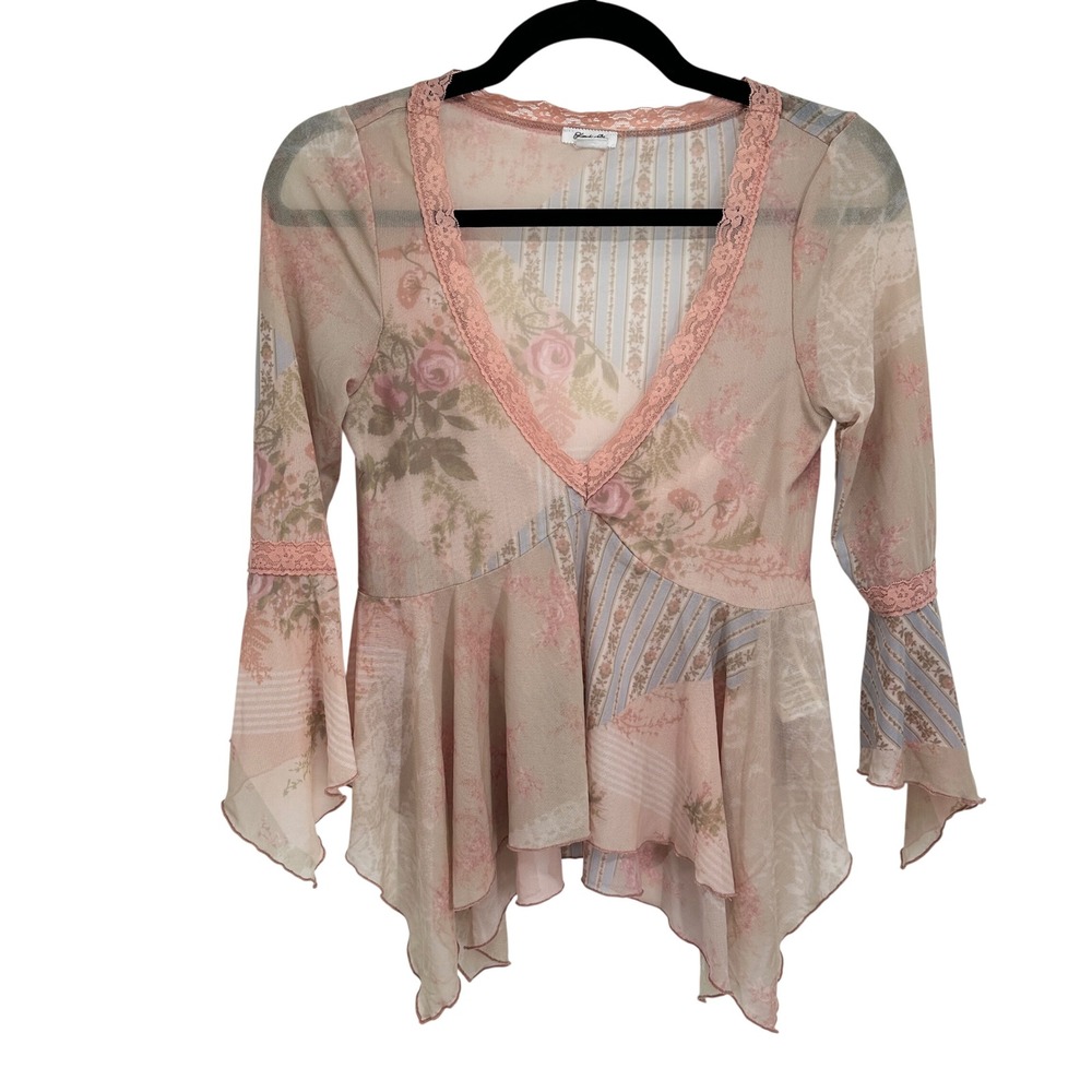 Kimchi Blue Women M Mesh Floral Lace Trim Fairycore Y2K Peplum Blouse